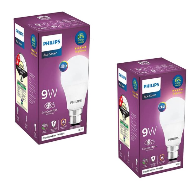 Philips Ace Saver 9 Watt LED Bulb, Base B22 (Cool Day Light), Pack of 2