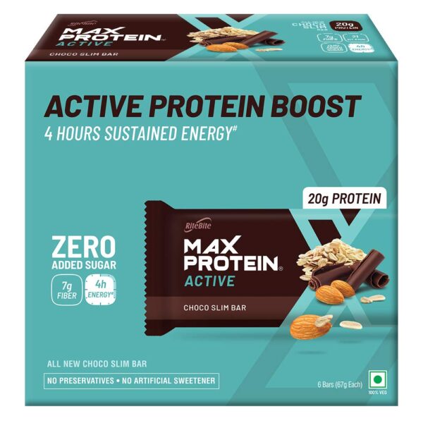 RiteBite Max Protein Active Choco Slim 20g Protein Bar [Pack of 6] Protein Blend, Fiber, Vitamins & Minerals , No Preservatives, 100% Veg, No Added Sugar, for Energy, Fitness & Immunity - 402g