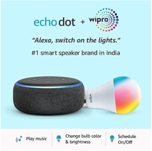 Echo Dot (3rd Gen, Black) + Wipro 9W LED Smart Color Bulb combo