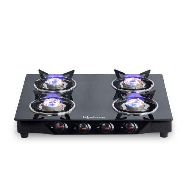 Lifelong Glass Top Gas Stove, 4 Burner Gas Stove, Black (ISI Certified,1 year warranty with Doorstep Service)
